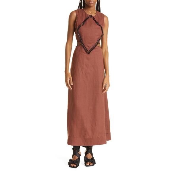 Ganni | Dresses | Ganni Beaded Brown Hemp Black Crystal Midi Dress Size 34  | Poshmark